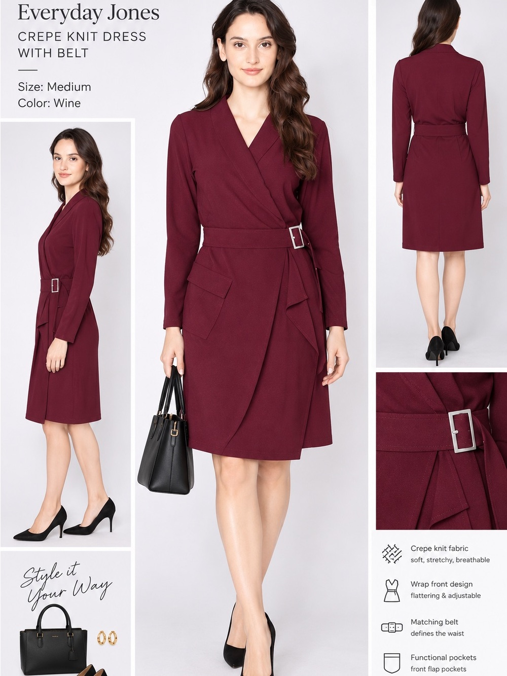 Everyday Jones Crepe Knit Wrap Dress with Belt - Wine SZ MEDIUM | NEW